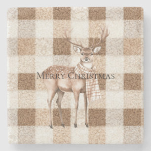 Posavasos De Piedra Navidad Rústico Crema Marrón Cuadros Ciervo