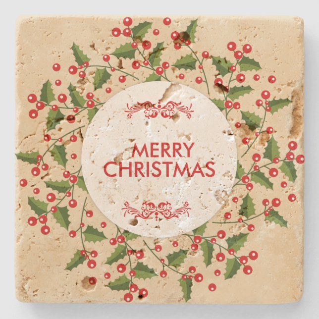 Posavasos De Piedra Navidades Berries Y Wreath Evergreen (Anverso)