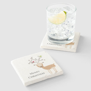 Posavasos De Piedra Navidades blancos ciervos con pájaros