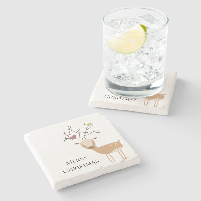 Posavasos De Piedra Navidades blancos ciervos con pájaros (Lateral)