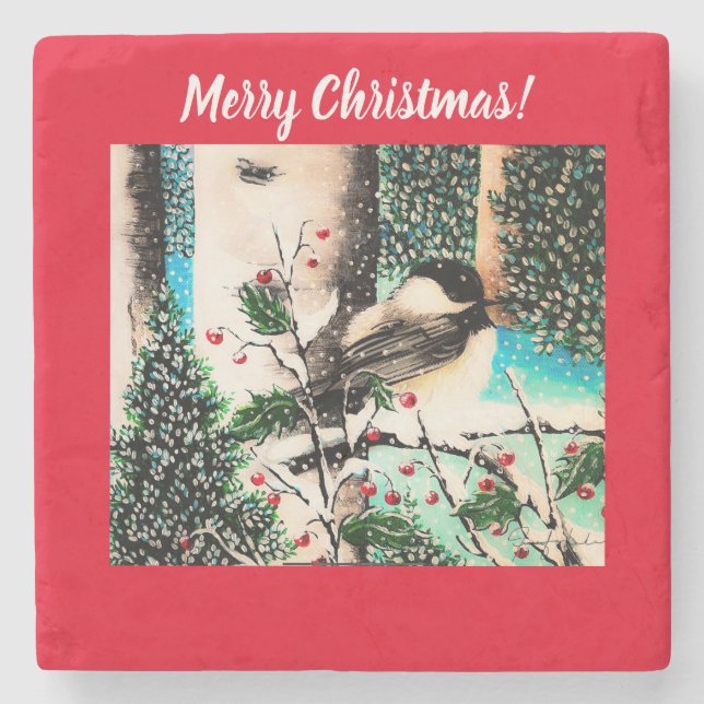 Posavasos De Piedra Navidades Chickadee Chatter Red Coaster (Anverso)