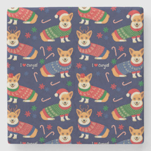 Posavasos De Piedra Navidades Corgis: Ilustracion festivo vintage.