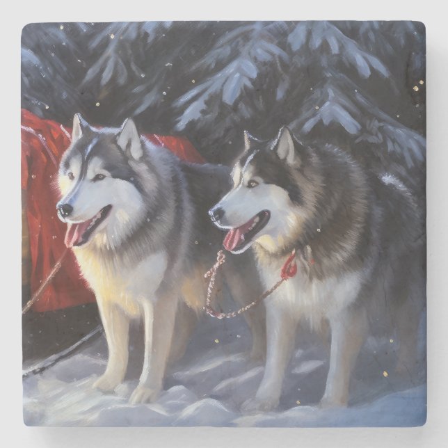 Posavasos De Piedra Navidades de Alaskan Malamute Snowy Sleigh Ride (Anverso)