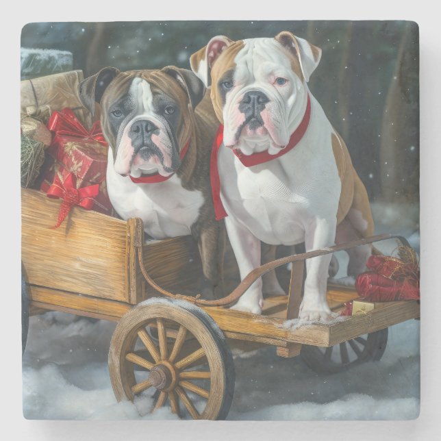 Posavasos De Piedra Navidades de American Staffordshire Snowy Sleigh (Anverso)