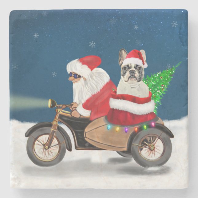Posavasos De Piedra Navidades de Bulldog de Francia Santa Claus (Anverso)