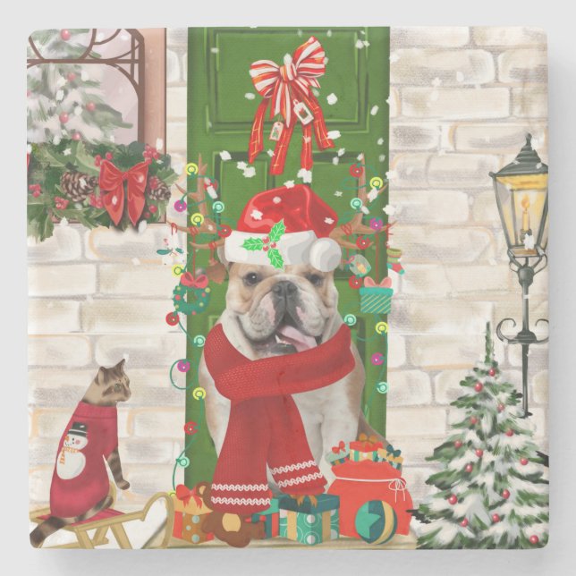 Posavasos De Piedra Navidades de Bulldog de Inglaterra (Anverso)
