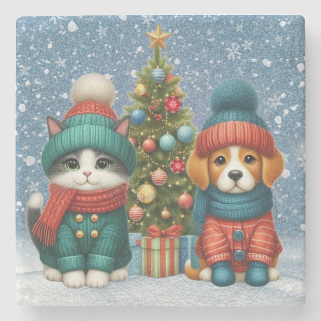 Posavasos De Piedra Navidades de cachorro y gatito (Anverso)