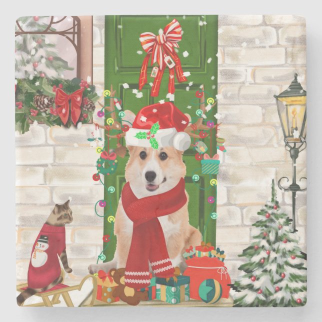Posavasos De Piedra navidades de corgi Dog (Anverso)