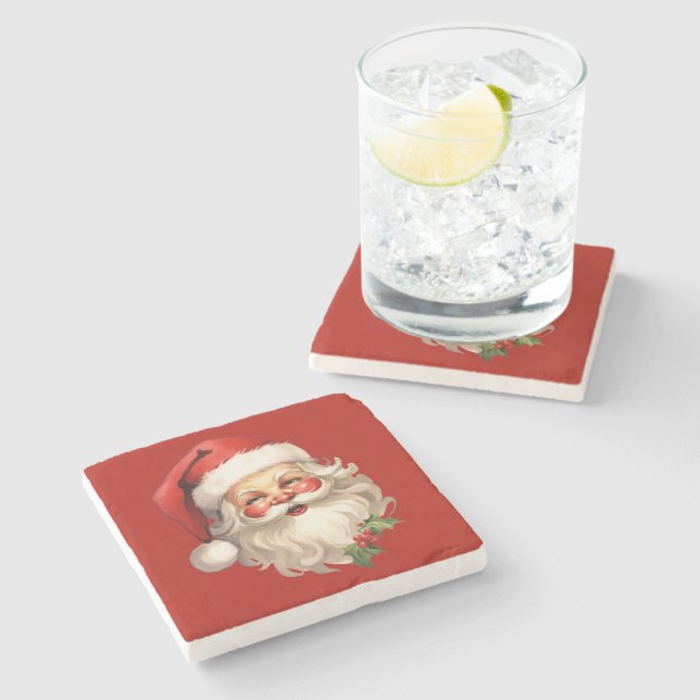 Posavasos De Piedra Navidades de Holly Jolly Santa Claus Retro (Lateral)