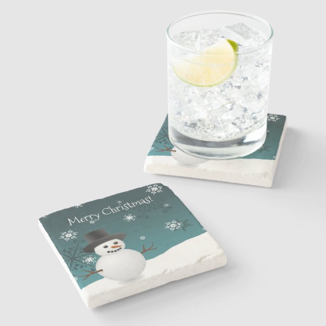 Posavasos De Piedra Navidades de invierno de Snowman verde azulados es (Lateral)