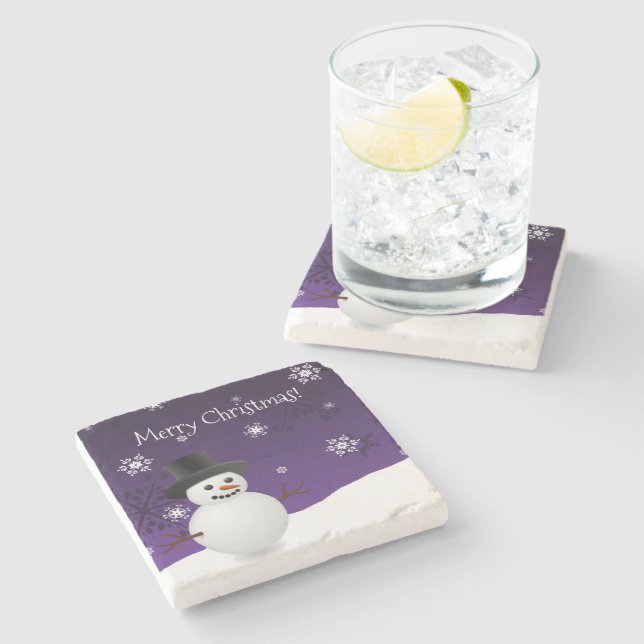 Posavasos De Piedra Navidades de invierno morado de Snowman hacen mont (Lateral)