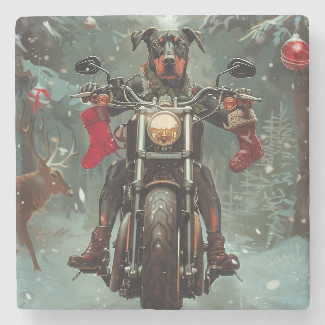 Posavasos De Piedra Navidades de motocicleta Doberman Dog Riding (Anverso)