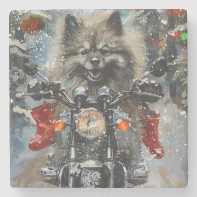 Posavasos De Piedra Navidades de motocicletas Keeshond Dog Riding (Anverso)