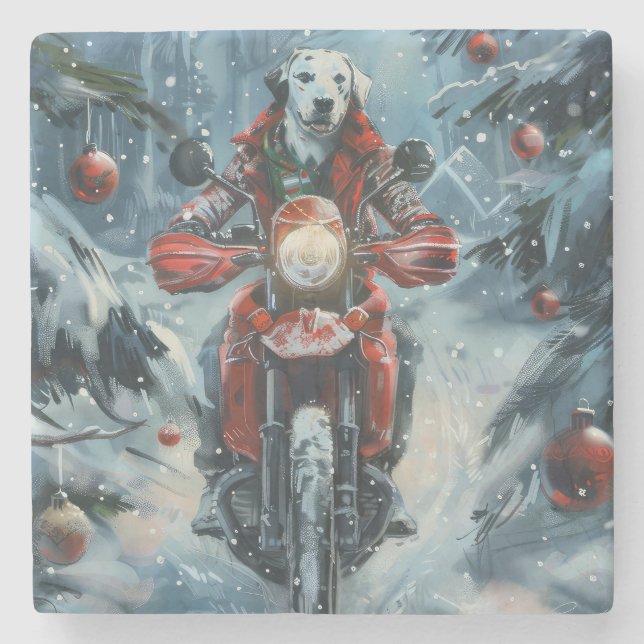 Posavasos De Piedra Navidades de motociclismo de perros de Dalmacia (Anverso)