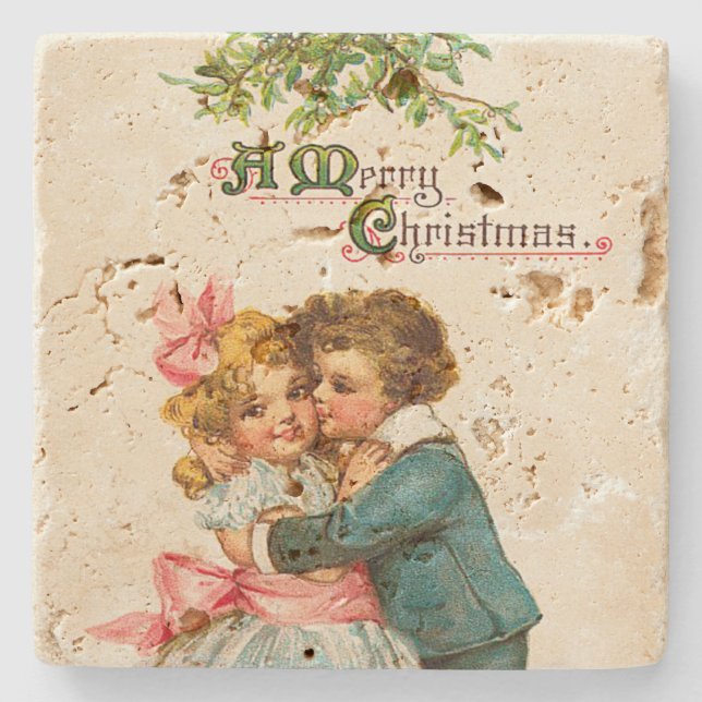 Posavasos De Piedra Navidades De Niños Menores De Mistletoe (Anverso)