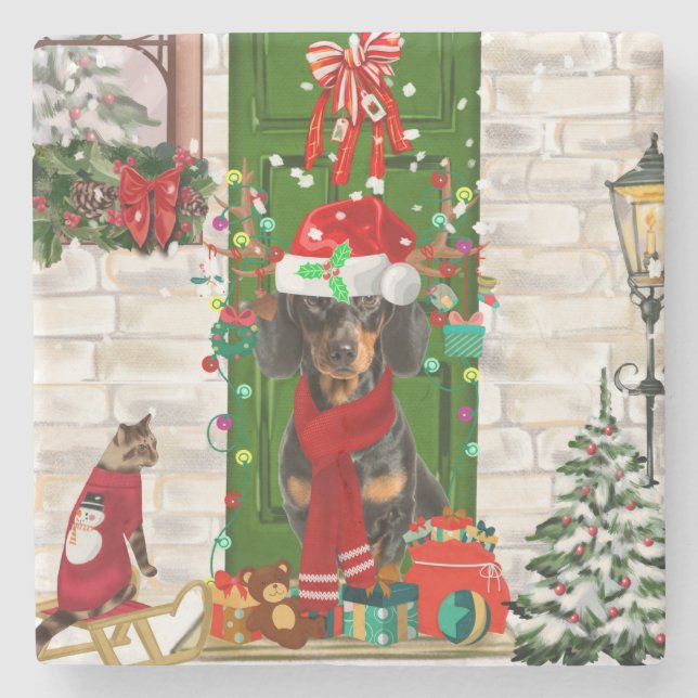 Posavasos De Piedra Navidades de perro de Dachshund (Anverso)