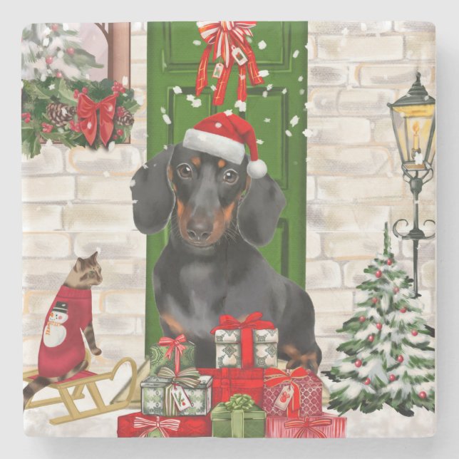 Posavasos De Piedra Navidades de perro de Dachshund (Anverso)