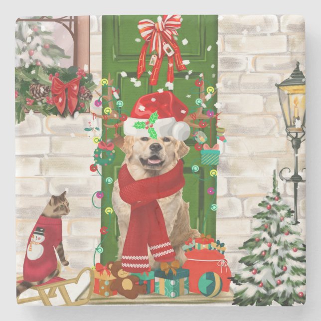 Posavasos De Piedra Navidades de perro de Golden Retriever (Anverso)