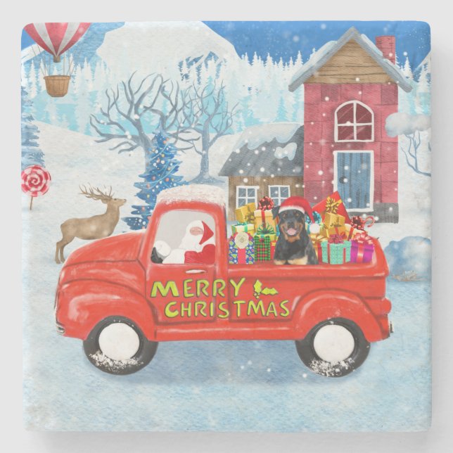 Posavasos De Piedra Navidades de perro de Rottweiler: Nieve de vectore (Anverso)