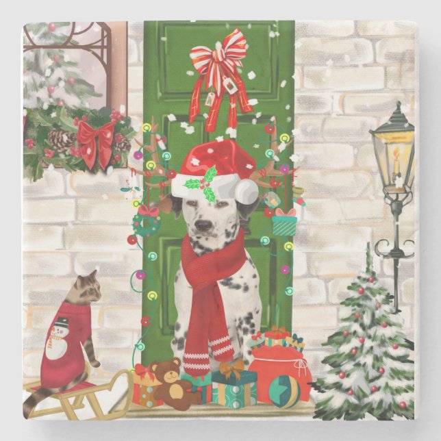 Posavasos De Piedra Navidades de perros de Dalmacia (Anverso)
