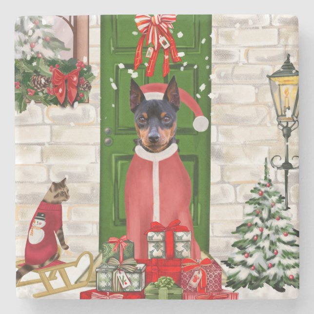 Posavasos De Piedra Navidades de Perros de Pinscher en miniatura (Anverso)