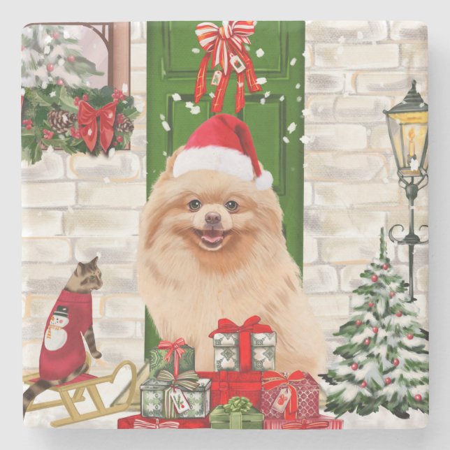 Posavasos De Piedra Navidades de perros de Pomerania (Anverso)