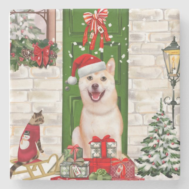 Posavasos De Piedra Navidades de Perros de Shiba Inu (Anverso)