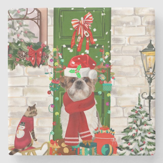 Posavasos De Piedra Navidades de perros Shih Tzu (Anverso)