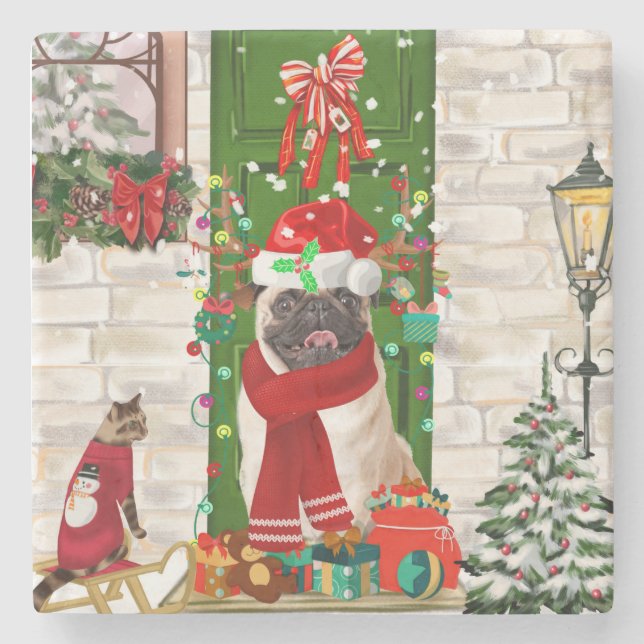 Posavasos De Piedra Navidades de pug Dog (Anverso)