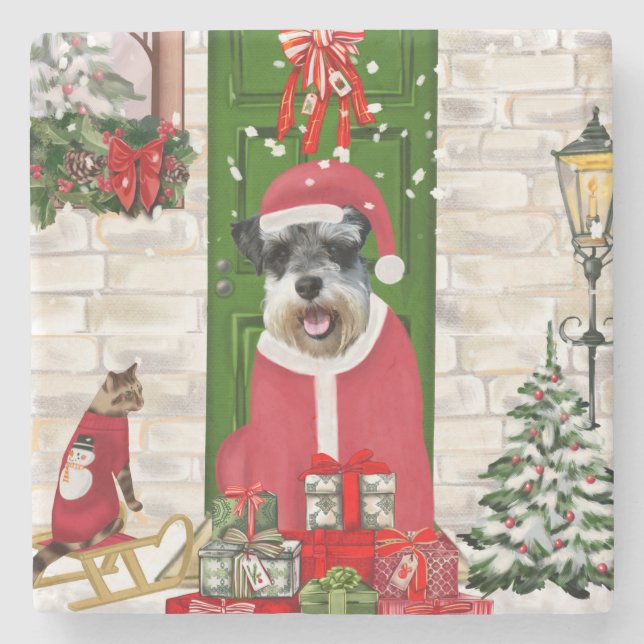 Posavasos De Piedra Navidades de Schnauzer Dog (Anverso)
