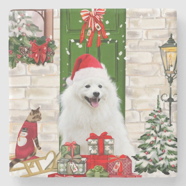 Posavasos De Piedra Navidades de Spitz Dog (Anverso)