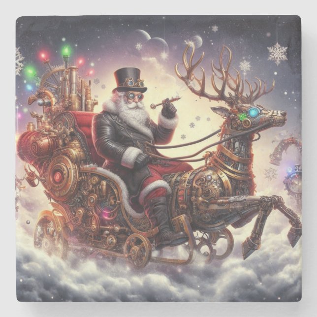 Posavasos De Piedra Navidades de steampunk de Santa/Reindeer/invierno (Anverso)