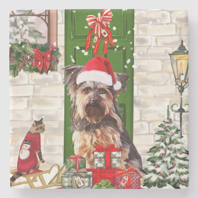 Posavasos De Piedra Navidades de Yorkie Dog (Anverso)