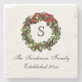 Posavasos De Piedra Navidades del Monograma Classic Holly Wreath Perso