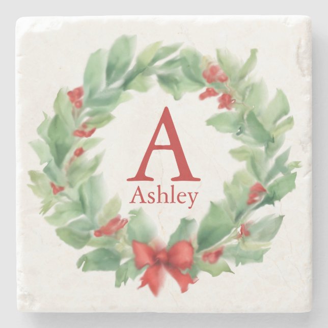Posavasos De Piedra Navidades en monograma y nombre de acuarela (Anverso)