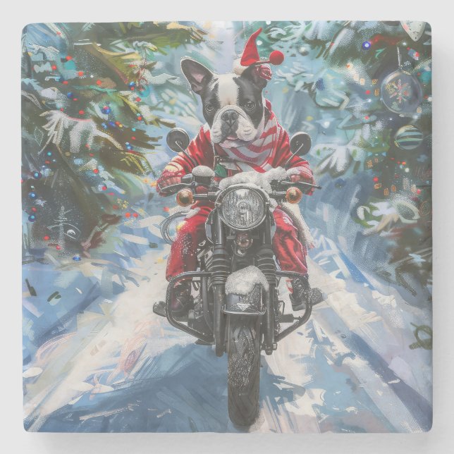 Posavasos De Piedra Navidades en motocicleta de Boston Terrier Dog Rid (Anverso)