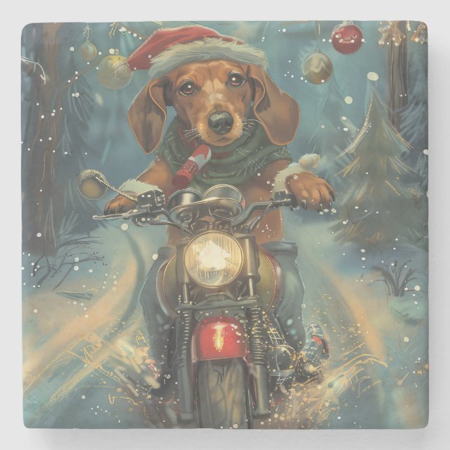 Posavasos De Piedra Navidades en motocicleta de Dachshund (Anverso)
