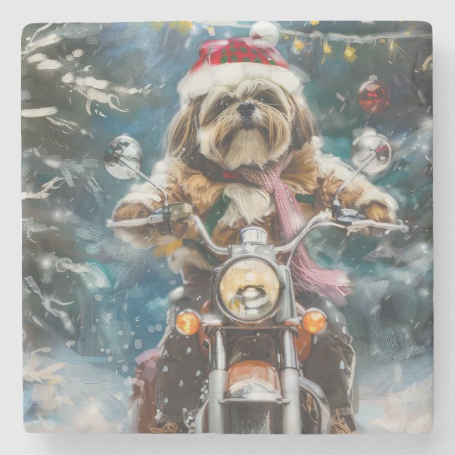 Posavasos De Piedra Navidades en motocicleta de lhasa Apso Dog Riding (Anverso)