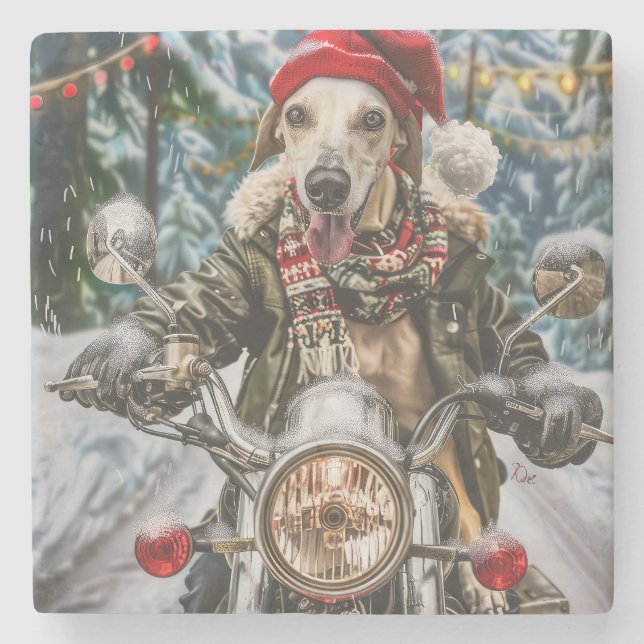 Posavasos De Piedra Navidades en motocicleta de perros de Greyhound (Anverso)
