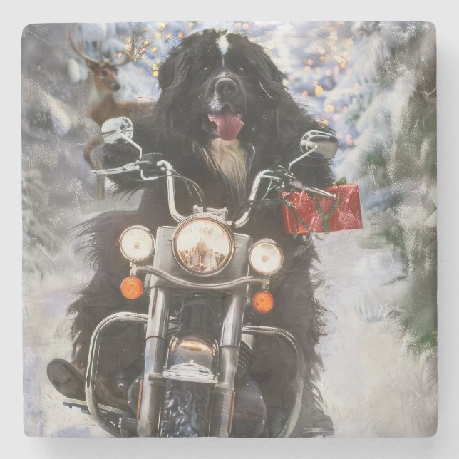 Posavasos De Piedra Navidades en motocicleta de perros de Terranova (Anverso)