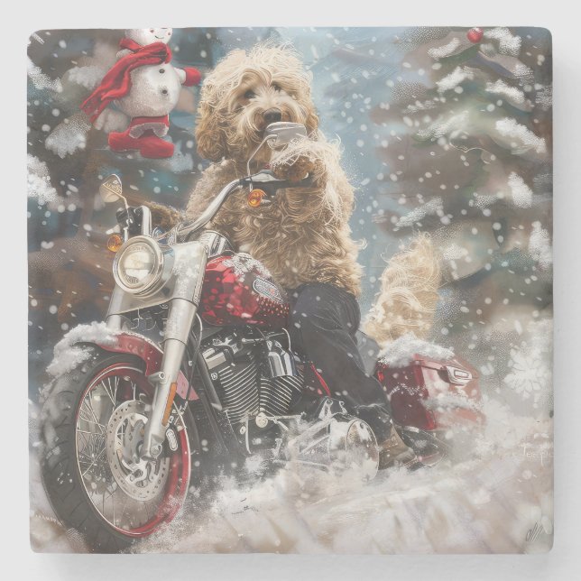Posavasos De Piedra Navidades en motocicleta Goldendoodle Dog Riding (Anverso)