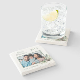 Posavasos De Piedra Navidades familia foto cono blanco nombre de pino