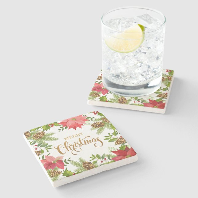 Posavasos De Piedra Navidades Florales de Poinsettia | Vacaciones (Lateral)