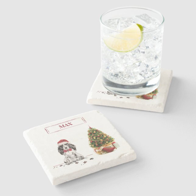 Posavasos De Piedra Navidades graciosos de Cocker Spaniel con árbol (Lateral)