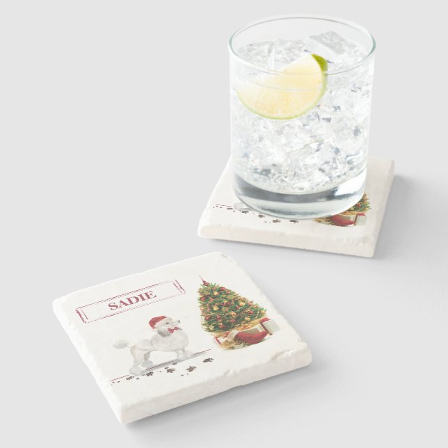 Posavasos De Piedra Navidades graciosos de White Poodle con árbol (Lateral)