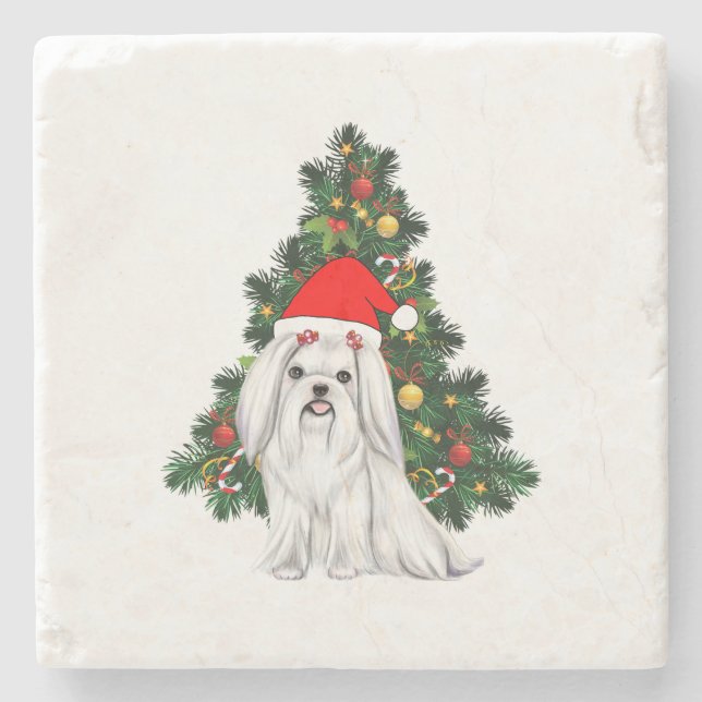 Posavasos De Piedra Navidades malteses, Navidad Perro maltés con sombr (Anverso)