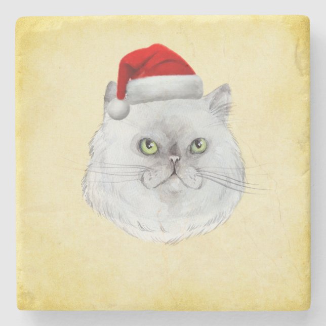 Posavasos De Piedra ¡Navidades Meowy! Un gato lindo con Santa Hat (Anverso)