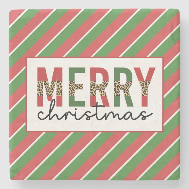 Posavasos De Piedra Navidades modernos leopardo imprimen rayas verdes  (Anverso)