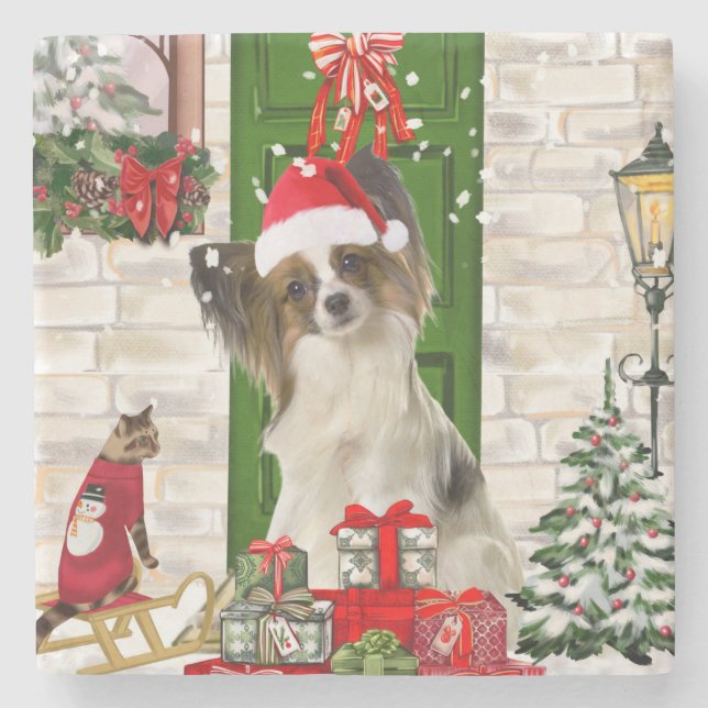 Posavasos De Piedra Navidades Papillon Dog (Anverso)