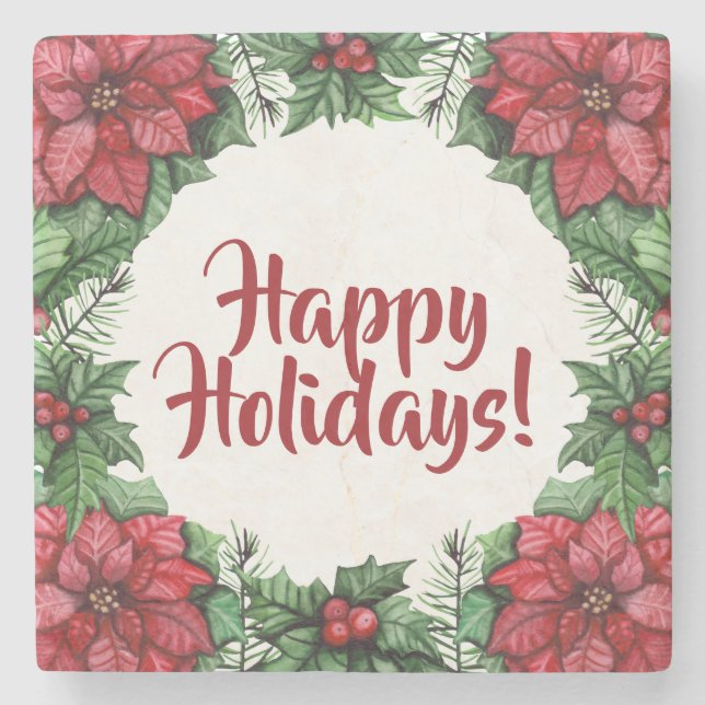Posavasos De Piedra Navidades Personalizados de Poinsietta y Holly Ber (Anverso)